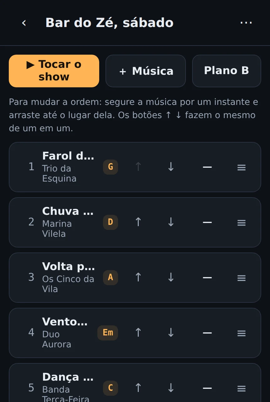 Tela de um show chamado Bar do Zé, sábado, com seis músicas numeradas na ordem, cada uma mostrando o tom ao lado e botões para subir e descer na lista.