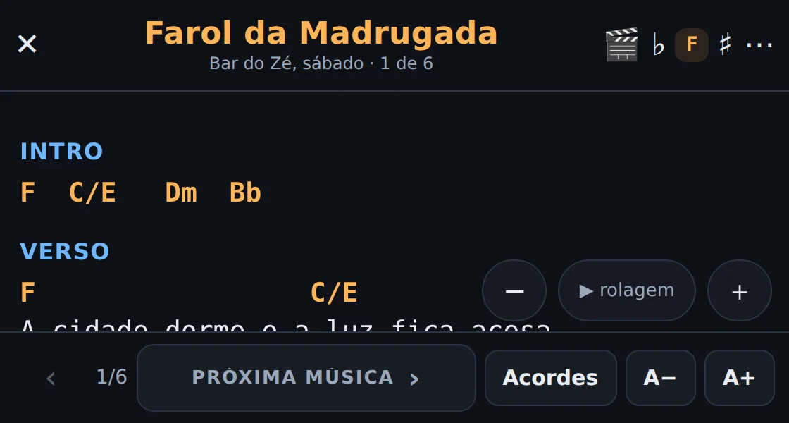 A mesma cifra um tom abaixo, agora em fá, com os acordes F, C barra E e Dm.